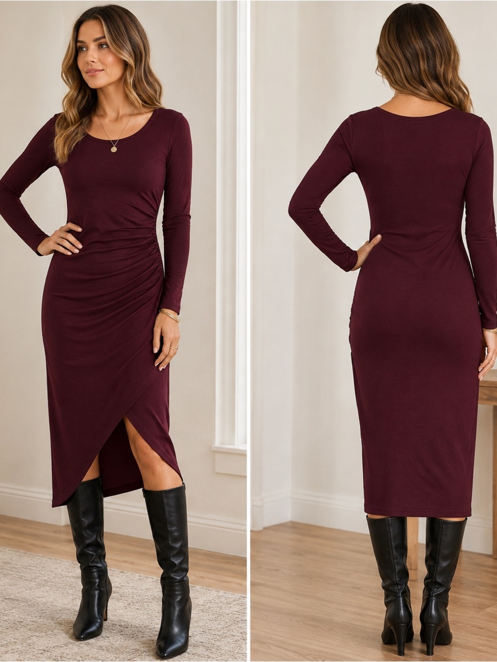 Leith Burgundy Ruched Midi Dress Size S Long Sleeve Faux Wrap